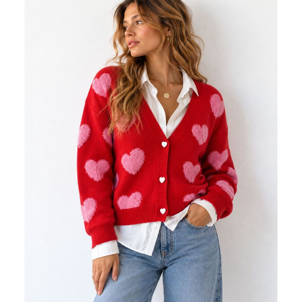 33 Degrees Red Pink Heart Cardigan Womens L Valentine Coquette Sweater